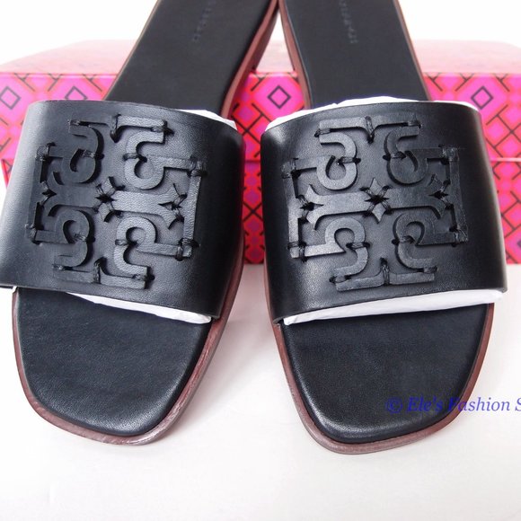❤️ NIB Tory Burch Ines Logo Slide Leather Sandal BLACK US 6.5 7.5 8.5 9 9.5 10 - Picture 7 of 14